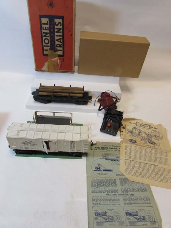 LIONEL TRAIN CARS & ACCESSORIES LOG SWITCH BUMPER: 52.36Z8 TOY TRAIN ACC. 3472 w/ BOX, 3472 MILK CAR w/ CANS, 3461 LOG CAR, UNLOAD SWITCH, 2283 BUMPER.