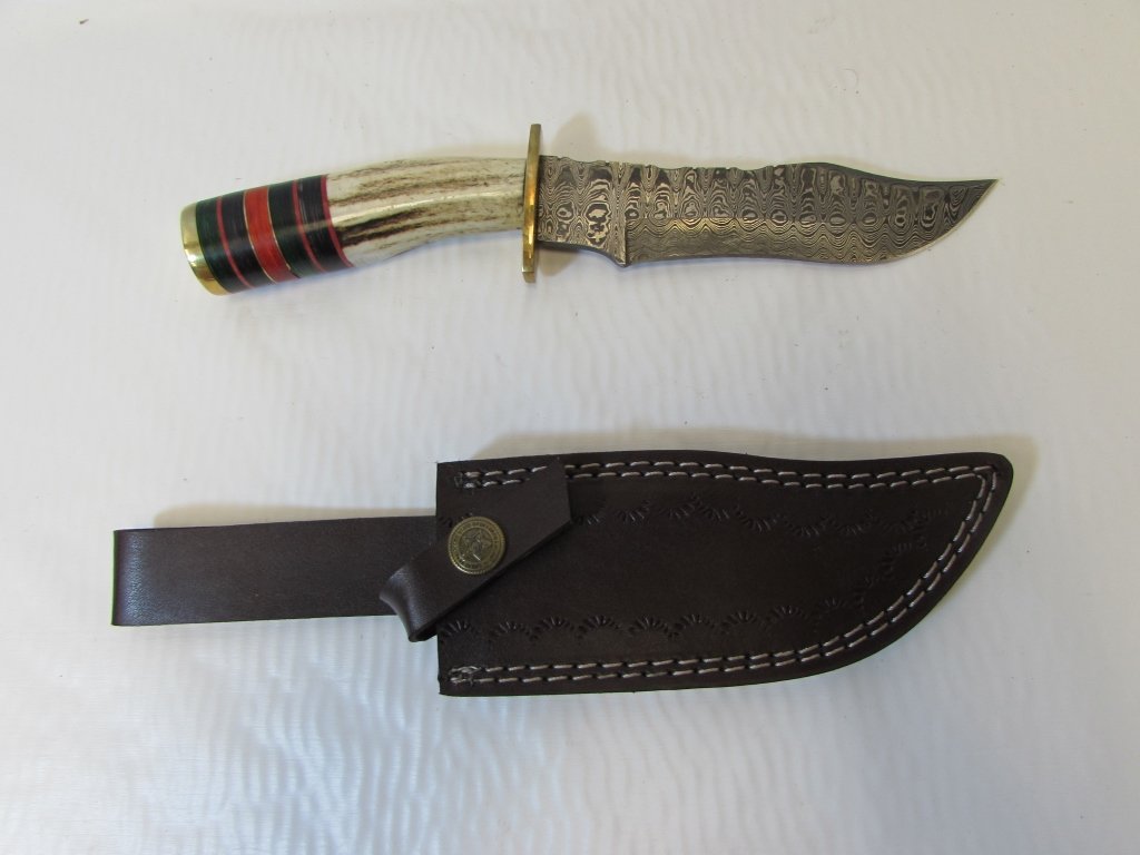 CUSTOM HANDMADE KNIFE DAMASCUS STEEL STAG BONE: HAND MADE KNIFE & LEATHER SHEATH. 5.25" BLADE, 9.5" OVERALL. BONE, BRASS & STAG HANDLE.