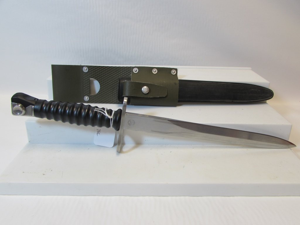 WENGER BAYONET & SCABBARD WAFFENFABRIK MOD 1957: 249.73C MODEL 1957 BAYONET. WECHNER. 9 3/8" BLADE, 14 1/2" OVERALL.