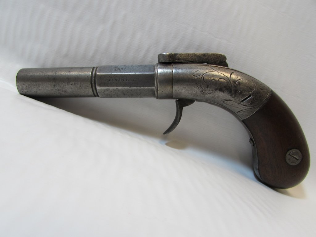 ALLEN & THURBER DOUBLE ACTION PISTOL ANTIQUE: PERCUSSION POCKET HAND GUN 1837. WOOD GRIPS, FANCY ENGRAVING. 6.5" LONG. (632)