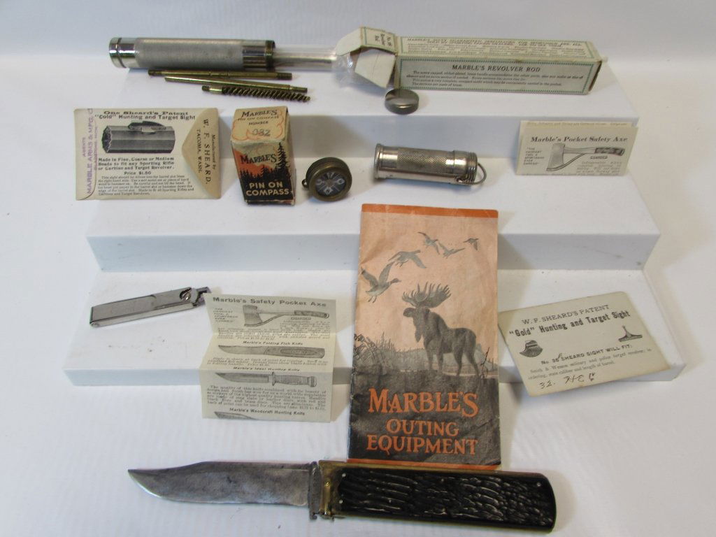 MARBLES KNIVES KA-BAR LOT PAPERS EQUIPMENT KIT: 249.74F MARBLES PIN ON COMPASS IN BOX, NEW OLD STOCK REVOLVER ROD IN BOX w/ PAPERS, MATCH SAFE, "GOLD" HUNTING & TARGET SIGHT (2), FOLDING FLAT SCREWDRIVER KIT, KA-BAR TRI-FOLD FISH KNIFE, PAPERS/OUTI