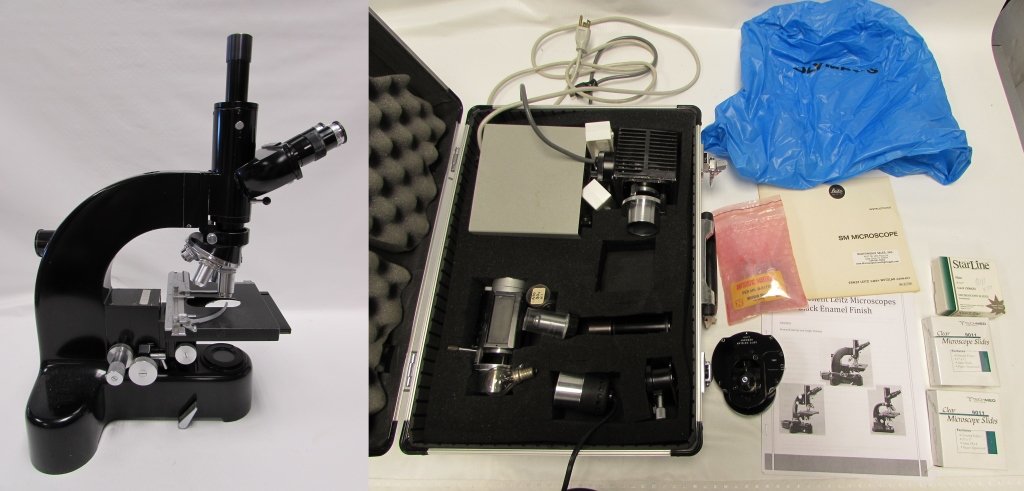 LEITZ WETZLAR MICROSCOPE BIOLOGY GERMANY: MICROSCOPE 18" TALL. INCLUDES ALUMINUM CARRY CASE FULL OF EQUIPMENT. LOCKING CASE HAS KEYS.