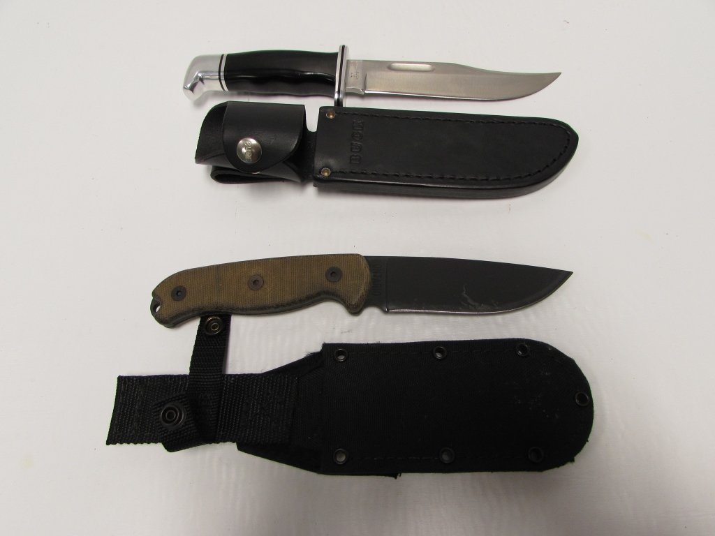 KNIFE LOT BUCK ONTARIO TAK FIXED BLADE HUNTING: 2 HUNTING/SURVIVAL KNIVES, BUCK 119, ONTARIO TAK. BOTH FIXED BLADE, MICARTA HANDLES. BUCK 5.75" BLADE, 10.5" OVERALL; TAK 4 5/8" BLADE, 10" OVERALL. BOTH SHEATHS INCLUDED.