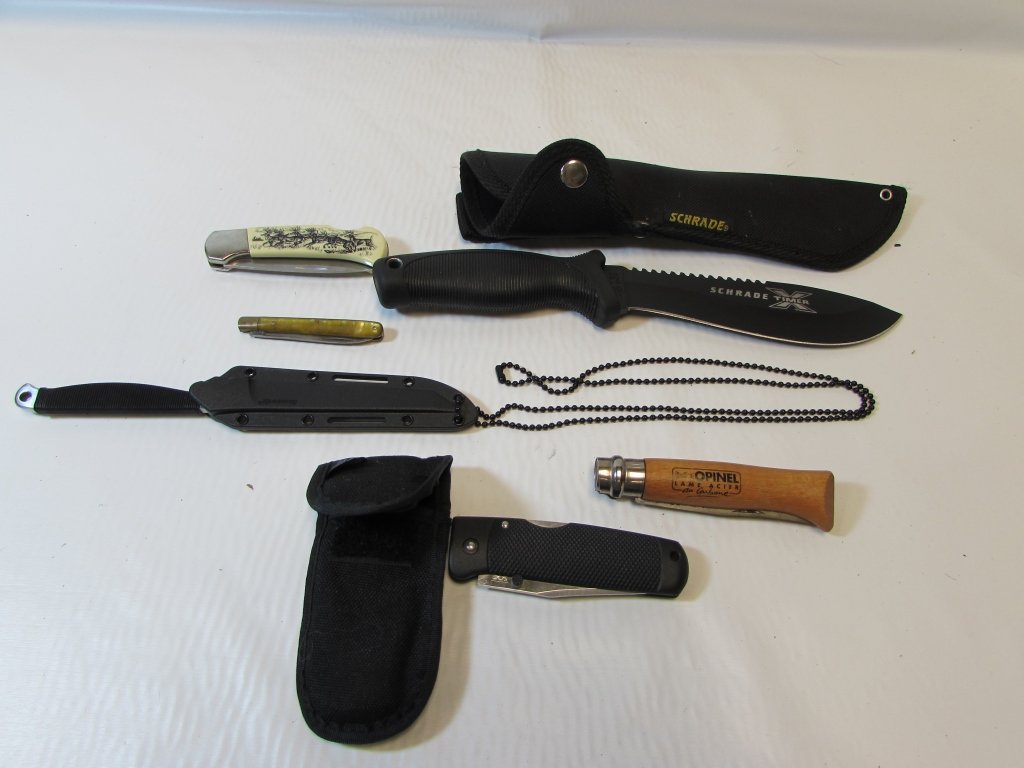 5 KNIFE LOT SOG SCHRADE SPIKE SABRE OPINEL: 5 KNIVES. SOG, SCHRADE X TIMER, OPINEL, SABRE, COLD STEEL "THE SPIKE". 5.5" - 12" LONG.