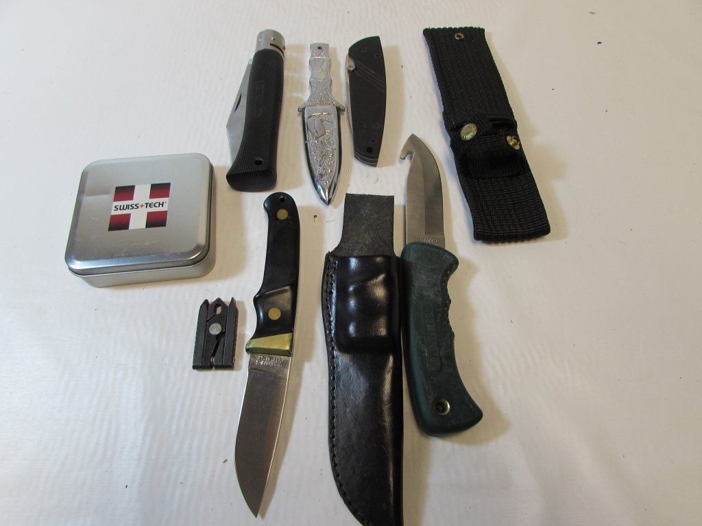 6 KNIFE LOT OLD TIMER TWISTMASTER SCHRADE CRKT SWISS: 6 KNIVES. SWISS+TECH MULTI-TOOL NEW IN TIN, SCHRADE PH1, SCHRADE 1430T, COLD STEEL, BOOT KNIFE, OLD TIMER, CRKT MIRAGE. 1.75" - 11" LONG.