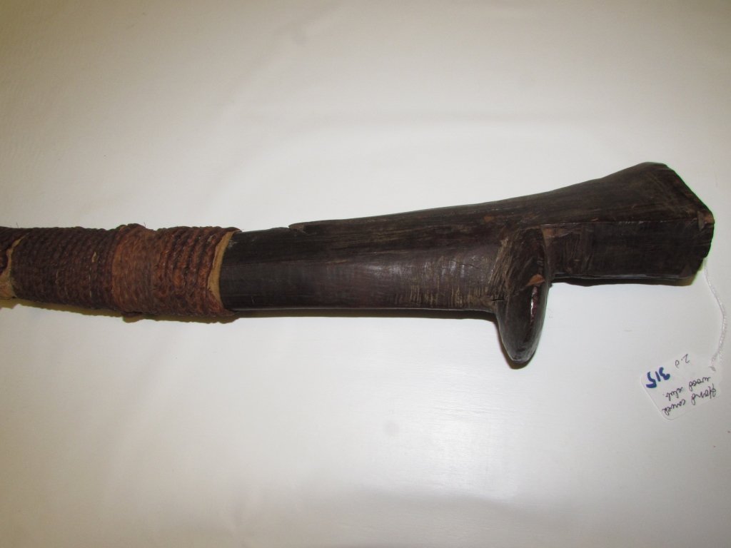 PRIMITIVE CLUB MACE WOOD AXE WEAPON 39" TALL: HAND CARVED, ANTIQUE TRIBAL