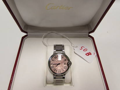 CARTIER BALLON BLEU WRISTWATCH AUTOMATIC: CARTIER MODEL 3284 LADIES BALLON BLEU 37MM WITH ORIGINAL PINK DIAL, AUTOMATIC MOVEMENT, 7 INCH LONG. STAINLESS STEEL, EXCELLENT CONDITION, GOOD RUNNING. WITH BOX NO PAPERS.