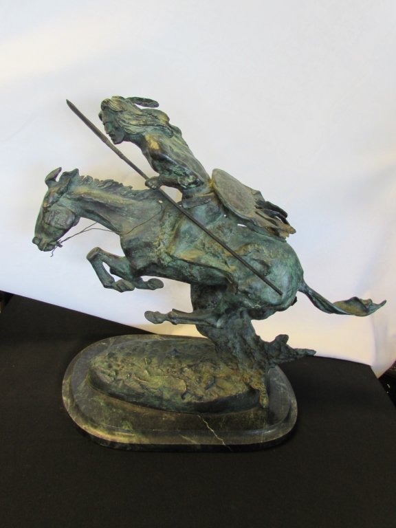 CHEYENNE BRONZE FREDERIC REMINGTON HENRY BONNARD: 20" TALL COPYRIGHTED BRONZE INDIAN SIGNED HENRY 'BONNARD BRONZE CO FOUNDERS NY 1895. MARBLE BASE FREDERIC REMINGTON.