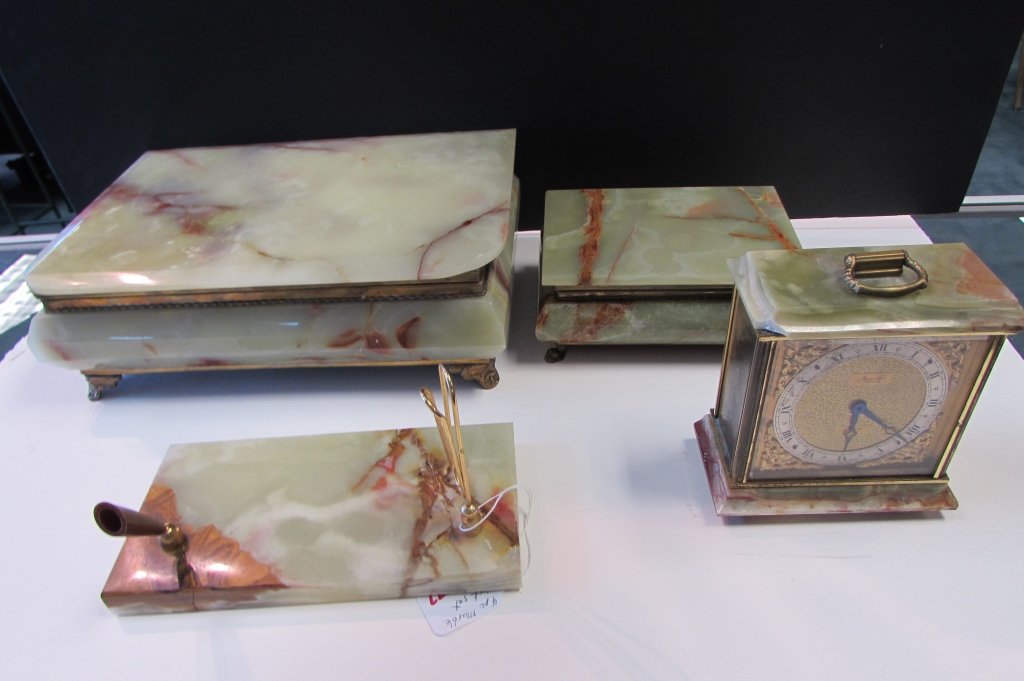 4PC MARBLE BRASS DESK VANITY SET CLOCK JEWELRY BOX: 327.9. ENGLISH CLOCK, PEN & PAPER HOLDER, 2 ALL MARBLE BOXES w/ HINGED LIDS. 7" &12" WIDE. ESTATE ITEMS, SOME CHIPS.