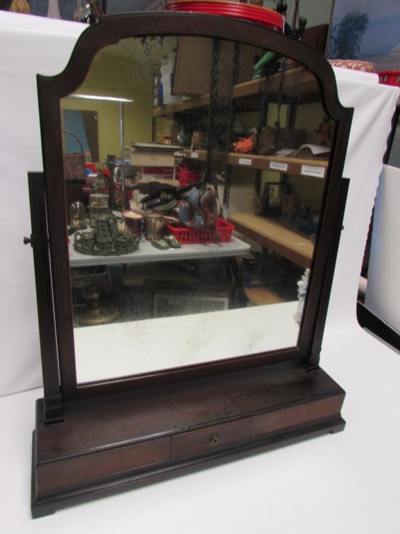 WOOD SHAVING MIRROR ANTIQUE VANITY TILTING: LARGE SHAVING MIRROR. 29.5" TALL, 24.5" WIDE. GOOD CONDITION.
