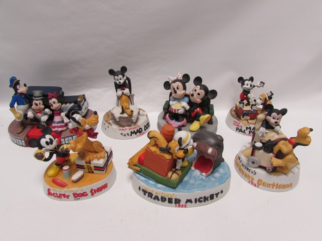 7 MICKEY MOUSE WALT DISNEY CARTOON LIMITED EDTION: 338.5 SEVEN CLASSICS FIGURINE STATUES. "TRADER MICKEY" 1932, "SOCIETY DOG SHOW" 1939, "A GENTLEMAN'S GENTLEMAN" 1941, "THE MAD DOG" 1932, MICKEY'S PAL PLUTO" 1933, 2 UNMARKED. ALL EXCELLENT CONDITION.