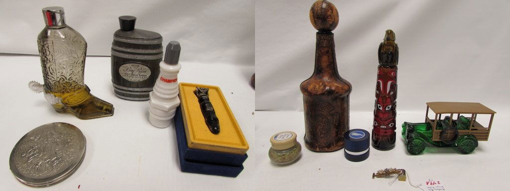 PERFUME BOTTLES AVON LEATHER TUSSY ESTEE COMPACT: 234.33 PERFUME BOTTLES, MINIATURE BUG SPRAYER ANTIQUE, YOUTH DEW ESTEE LAUDER LEATHER DECANTER, MAKEUP COMPACT, ETC. 11 pc. 6 AVON BOTTLES, CHAMPION SPARK PLUG, CAR, COWBOY BOOT, MINIATURE BUG SPRAYER