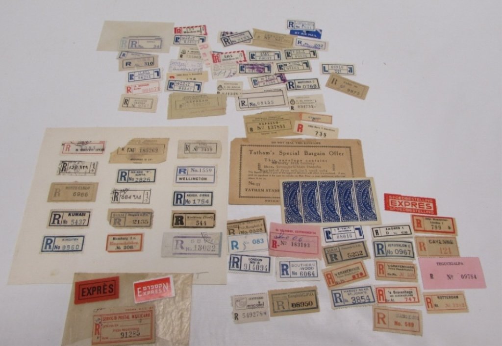 85 STAMPS INTERNATIONAL REGISTERED MAIL WORLD: 4.100. ANTIQUE COLLECTION OF 85 REGISTERED MAIL STAMPS, MOST MINT NH, 14 CANCELED. LONDON, PARIS, ROME, MONTE-CARLOS, SIAM, KENYA,TIROL,PLUS MANY MORE.