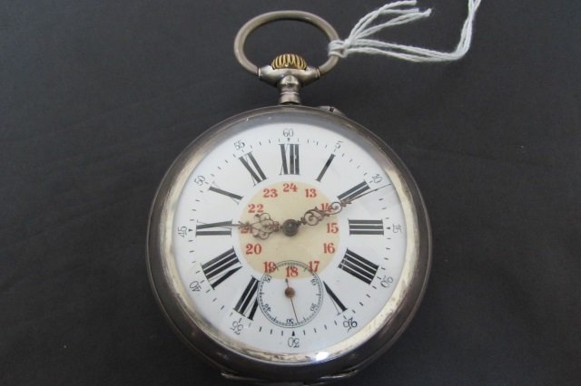 GERMAN 800 SILVER POCKET WATCH ANCRE 15J: 51.88 JUMBO ANTIQUE HALLMARKED 800 SILVER CARTOUCHE ANCRE SPIRAL BREGUET. 2 5/8 INCH CASE PIN SET, EXCELLENT CONDITION DIAL AND CASE. 55MM DIAL. NO MONGRAM. RUNS, NOT SERVICED.