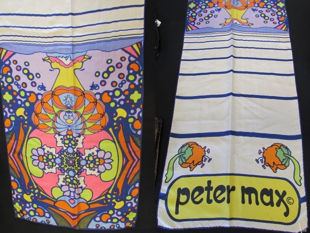 PETER MAX SILK SHAWL PASHMINA SCARF ABSTRACT: PETER MAX SILK SCARF 14" - 42" GOOD CONDITION, SOME STAINS ON WHITE PORTION.