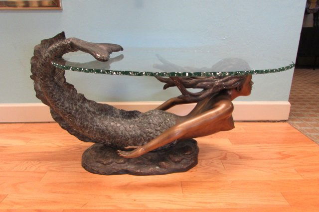 bronze mermaid & glass coffee table bronze mermaid & glass coffee table
