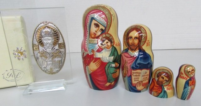 RUSSIAN ICON AND NESTING DOLL: ICON ST NICHOLAS ON GLASS 5 INCH AND 5 INCH NESTING DOLL