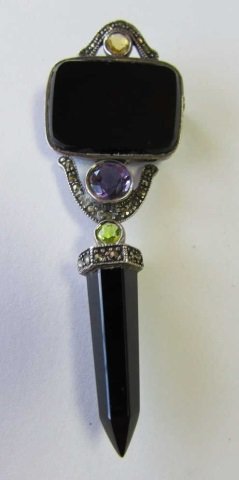 MARCASITE ONYX PIN BROOCH AMETHYST PERIDOT: STERLING SILVER 3 1/4" LONG X 1 INCH WIDE. HINGED MOVEABLE. GOOD ESTATE CONDITION.
