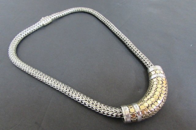 JOHN HARDY SLIDE & NECKLACE DOT 18K GOLD & 925: ALL GENUINE SIGNED ON CHAIN LOCK & SLIDE STERLING SILVER. 17 INCH LONG BY 6.5MM WIDE. PENDANT 2 INCHES LONG.