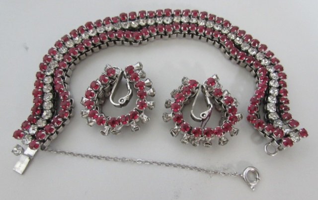 STERLING SILVER BRACELET & EARRINGS RUBY PASTE: 51.96 ART DECO 7 1/4" LONG X 1/2" WIDE; ALL PRONG SET WITH MATCHING EARRINGS 1" HOOP. 61.5 GRAMS. ALL ORIGINAL GREAT CONDITION PERIOD SET.