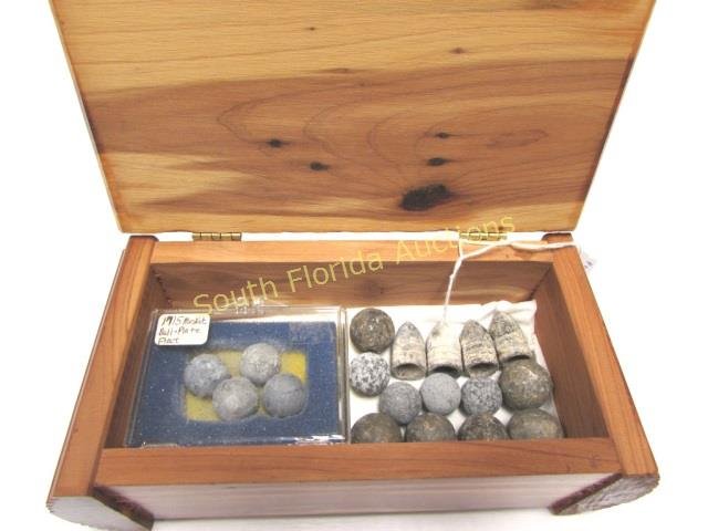 PRE-CIVIL WAR BULLETS BALLS SHOT MUSKET WOOD BOX: 320.6 PRE CIVIL WAR AMMUNITION. BALL-PLATE FLEET, BULLETS, BALLS, SHOT. 18 PIECES IN CEDAR "CHEROKEE INDIAN RESERVATION" WOOD BOX. BOX 3" TALL, 8" WIDE. EXCELLENT CONDITION.