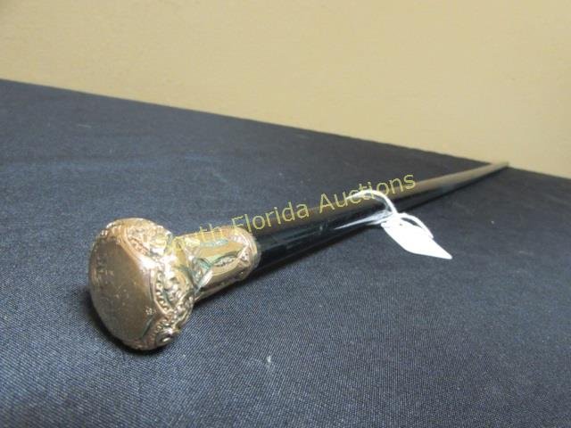 ANTIQUE WOOD CANE GOLD EBONY WALKING STICK: 134.59 ANTIQUE VICTORIAN WALKING CANE. EBONY WOOD, EMBOSSED ROLLED GOLD PLATE HANDLE. ENGRAVED. 34.5" TALL. GREAT CONDITION.
