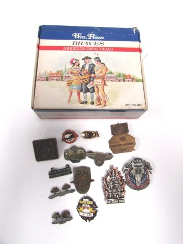 13 HARLEY DAVIDSON PINS MOTORCYCLE BIKER CIGAR BOX: 29.123 LOT OF 13 HD PINS IN WM. PENN BRAVES CIGAR BOX. ALL GOOD CONDITION. PINS 1/2" - 1 3/4" TALL.