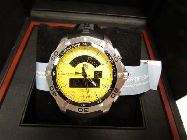TAG HEUER WATCH AQUARACER CHRONOGRAPH NIB: TAG AQUA RACER CHRONOMETER DIVE WRISTWATCH. SWISS QUARTZ MOVEMENT, WATER RESISTANT 300m, DIGITAL CHRONOGRAPH, 44mm STAINLESS CASE, SILICONE RUBBER STRAP, SAPPHIRE SCRATCH-FREE CRYSTAL, ALARM, DUAL TIM