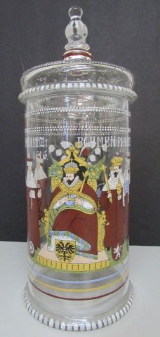 BOHEMIAN ENAMEL POKEL GLASS HUMPEN GERMANY JAR: German, 19th century. A blown glass lidded "Humpen" painted with the Holy Roman Emperor surrounded by seven electors, with painted coat of arms. Reads Trier Colln Mentz Bohmen Pfaltz Sach Branden Sen
