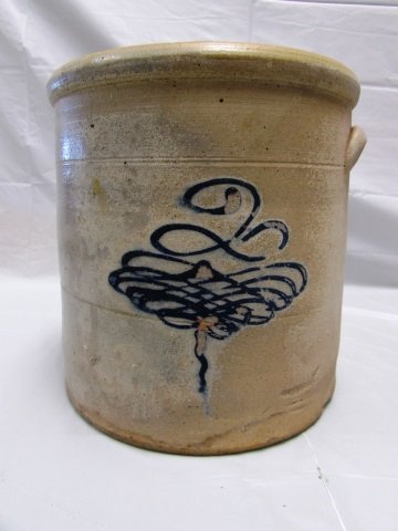 CROCK 9.25" TALL, 9" WIDE. 2 HANDLE POTTERY JUG: SHOWS AGE. NO CHIPS OR CRACKS, SOME FIRING IMPERFECTIONS.
