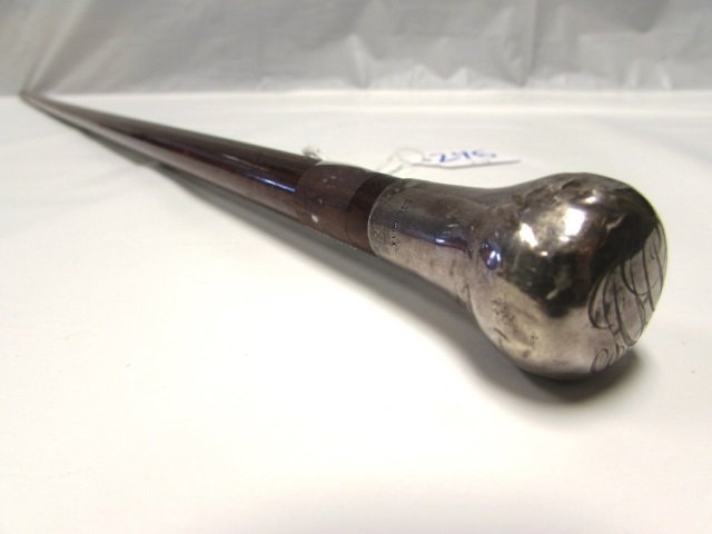 TIGER WOOD CANE STERLING SILVER HANDLE WALKING: WOOD (TIGER MAPLE?) CANE w/ STERLING SILVER HANDLE. ENGRAVED, MARKED. 34.5" TALL. GOOD CONDITION.