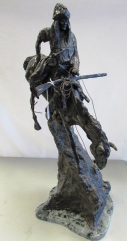 FREDERIC REMINGTON BRONZE MOUNTAIN MAN DEDICATED: MOUNTAIN MAN BRONZE 29" TALL ON MARBLE BASE SIGNED DEDICATED TO JOHN HAY . 1903 SECRETARY OF STATE