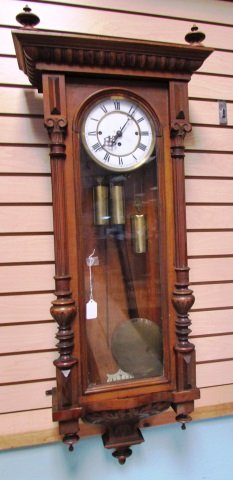 VIENNA 3 WEIGHT WALL REGULATOR CLOCK: 42" AND 17" WIDE NICE CONDITION.WE DO NOT CHECK CLOCKS ALL SOLD AS IS.