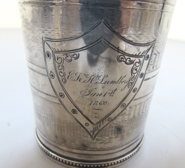 1860 GORHAM COIN STERLING SILVER #2 CUP MUG 83.4GR: HAND ENGRAVED HALLMARKED #2 COIN. E. K. Y. C. LUNDBERG JAN 1, 1860.