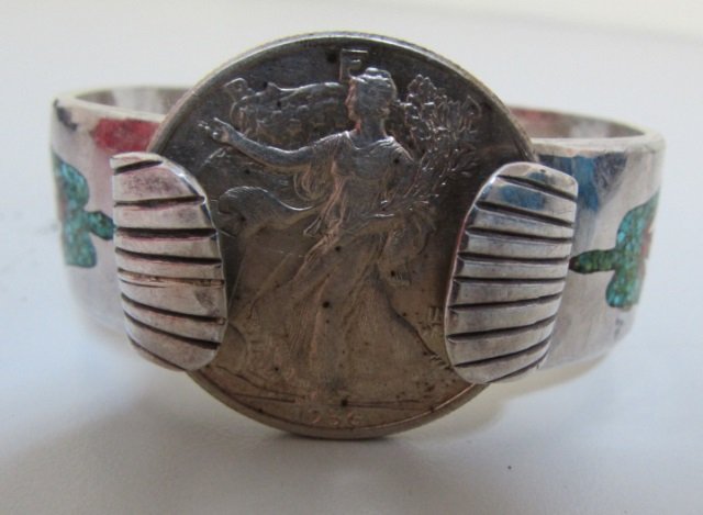 1936 COIN ZUNI TURQUOISE STERLING SILVER BRACELET: WALKER HALF DOLLAR HANDMADE NATIVE AMERICAN INLAID CORAL & TURQUOISE 3/4" WIDE. WEIGHS 68.5 GRAMS. EARLY PIECE.