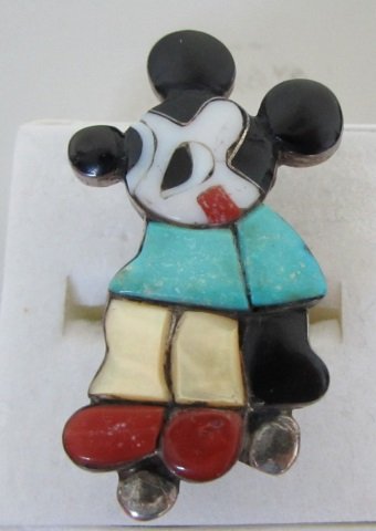 MIKE PERRY "MP" ZUNI MICKEY MOUSE RING STERLING: SILVER SIZE 6 HALLMARKED MP ZUN. CORAL MOP TURQUOISE ONYX INLAID. MEASURES 1 3/4" BY 1" . 8.6 GRAMS. LOOKS LIKE IT WAS NEVER USED.