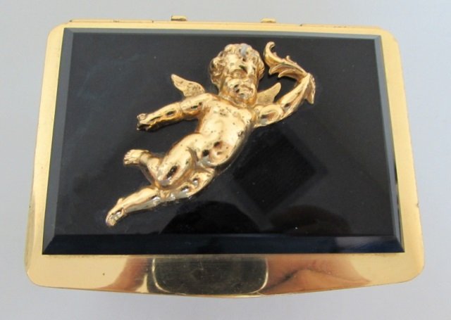 VANITY BOX CASKET MADE IN FRANCE GOLD GILT CUPID: 3" BY 4" SIGNED MADE IN FRANCE ONYX AND GOLD GILT ON CRYSTAL