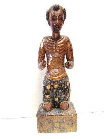 ST. NICHOLAS WOOD CARVING 16th CENTURY: 20.5" TALL, 7" WIDE. SOME LOSSES.