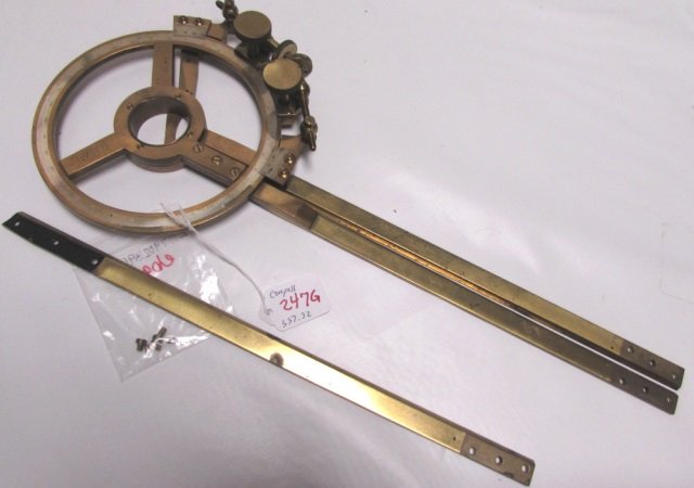 HEZZANITH HEATH & CO BRASS SHIP'S MAP PROTRACTOR: MARKED "HEATH & CO LONDON S.E.9. 128E / 51." COMPASS / PROTRACTOR MEASURES 18", CIRCLE IS 6.25" DIAM. WORN CONDITION.
