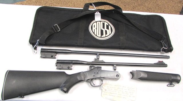 A. ROSSI .22 LR 410 COMPACT RIFLE SHOTGUN MATCHED: A. ROSSI (BRAZTECH) LONG GUN. COMBO .22 LR & 410 GAUGE INTERCHANGEABLE MATCHED PAIR BREAK BARRELS. (22 IS 22" LONG, 410 IS 18.5" LONG), BEAD / FIBER OPTIC SIGHTS, POLY STOCK, BLUED FINISH. INCLUDES CA