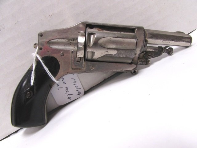 6 SHOT REVOLVER HANDGUN 19th CENTURY DARRINGER: ANTIQUE DROP DOWN REVOLVER HAND GUN "PISTOL". UNKNOWN MAKER. .22 CAL. EBONY GRIPS, 2" BARREL. MANUAL SAFETY, RETRACTABLE TRIGGER.