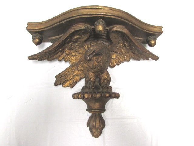 ANTIQUE EAGLE WALL BRACKET SCONCE GESSO SHELF: GESSO EAGLE WALL SCONCE. 12" TALL, 14" WIDE. GOOD CONDITION. SOLID GESSO PLASTER AND GILT. CIRCA 1920.