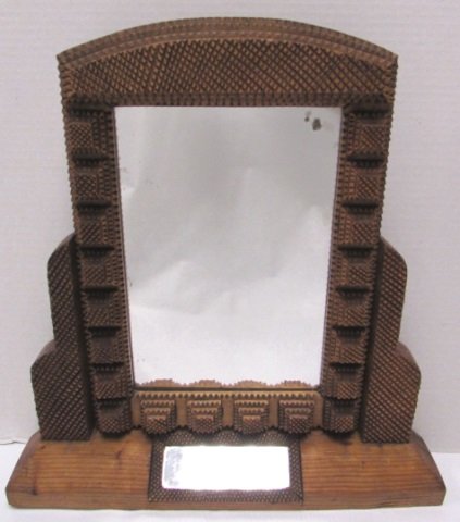 TRAMP ART CARVED PINE MANTLE MIRROR: 19" TALL AND 18 WIDE , MIRROR IS 8" BY 12"