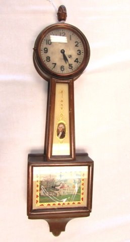 WALTHAM BANJO CLOCK 8 DAY PRESIDENTIAL WOOD KEY: WALTHAM 8 DAY BANJO CLOCK w/ REVERSE PAINTED GLASS INSERTS. 20" TALL, 5.25" WIDE. INCLUDES KEY.