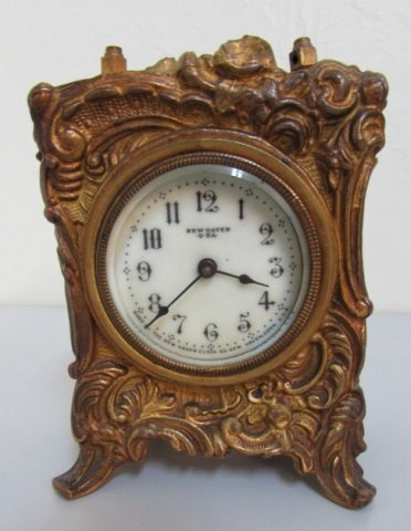 NEW HAVEN ART NOUVEAU GILT CLOCK ANTIQUE: BEAUTIFUL CARRIAGE STYLE. NO HANDLE. 4" X 3"