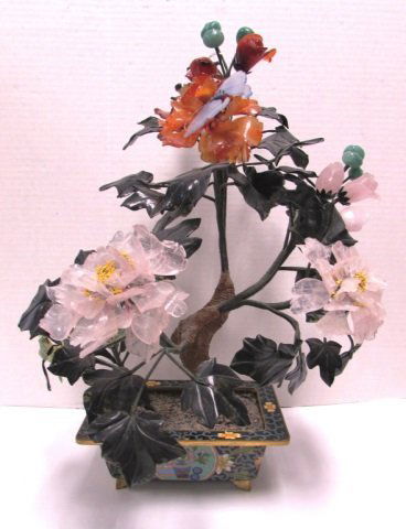 18" CARVED JADE TREE CLOISONNE VASE STONE MINERAL: STONE MINERAL FLOWERS, LEAVES, BUTTERFLY SET IN CLOISONNE TRAY 18" TALL.