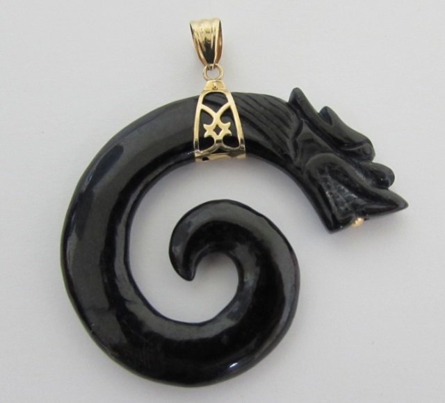 CARVED BLACK JADE DRAGON 14K GOLD PENDANT CHARM: 2 1/4" X 2" MEDALLION WITH 14K YELLOW GOLD MOUNTING WEIGHS 15 GRAMS.