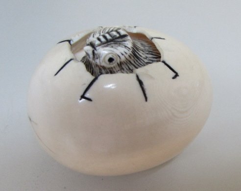 IVORY NETSUKE CHICK MOVES IN EGG CARVED SIGNED: 48MM / 2 INCH PREBAN JAPANESE CARVED OKIMONO. PAYMENT VIA CHECK OR MONEY ORDER ONLY. NO SHIPPING TO NY, NJ OR CA.