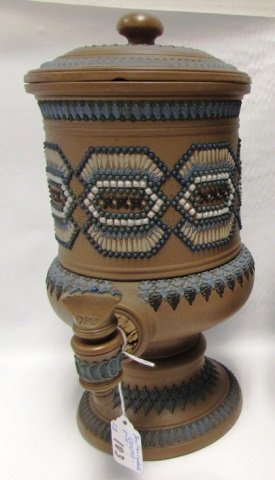 DOULTON LAMBETH STONEWARE LIQUOR BARREL CELLARETTE: 13 1/2" TALL WITH SPOUT / SPICKET. MINOR CHIPS AND 1 LID HAS STRESS CRACK