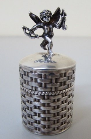 STERLING SILVER PILL TRINKET BOX JEWELRY CHERUB: BASKET WEAVE DESIGN 1 7/8" X 7/8" EXCELLENT CONDITION VINTAGE ESTATE.